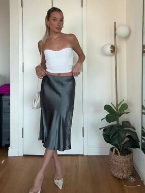 BABATON grey slip satin midi skirt